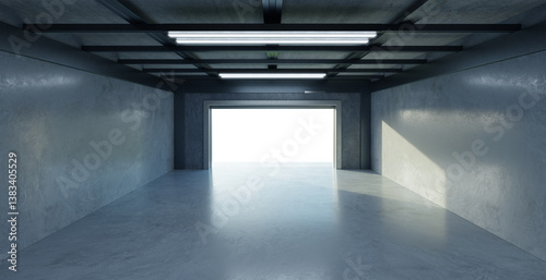 3D Empty garage opening its gate showing a bright light at the end