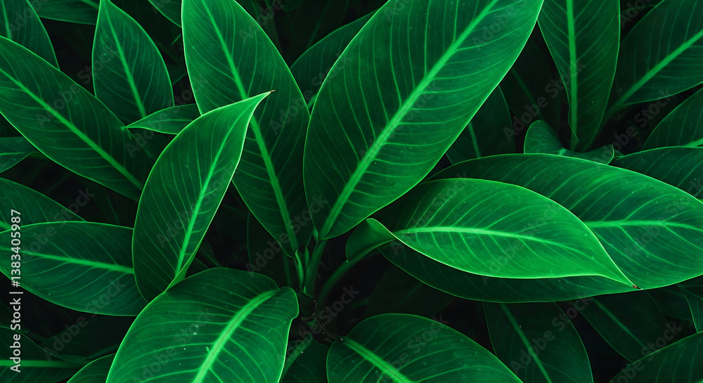 Obraz premium Lush Green Tropical Foliage: A Close-Up Photograph Showcasing Vibrant, Healthy Leaves with Detailed Veins, Evoking a Sense of Nature's Freshness and Growth