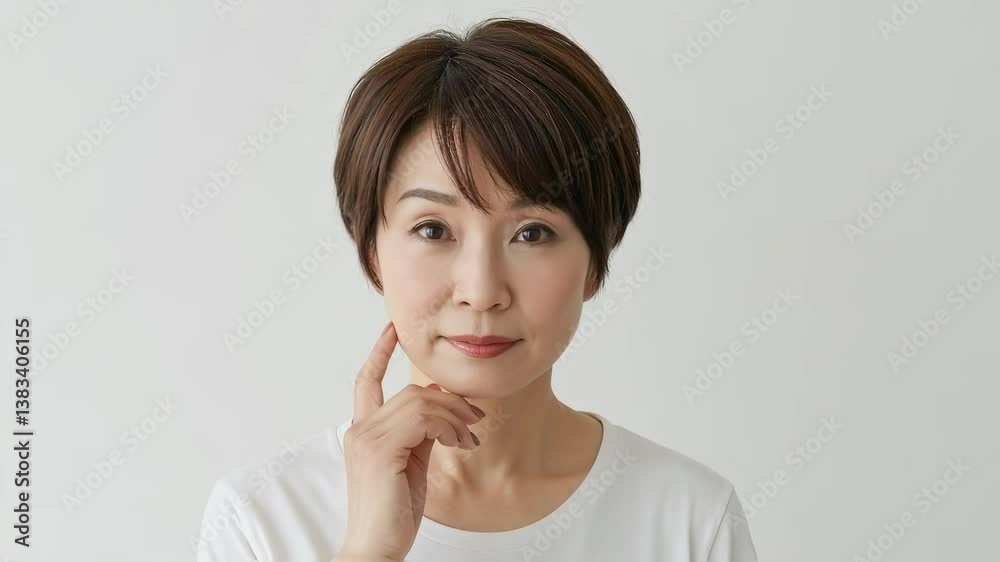 片手でフェイスラインを強調する短髪の中年女性 片手でフェイスラインを強調する短髪の中年女性