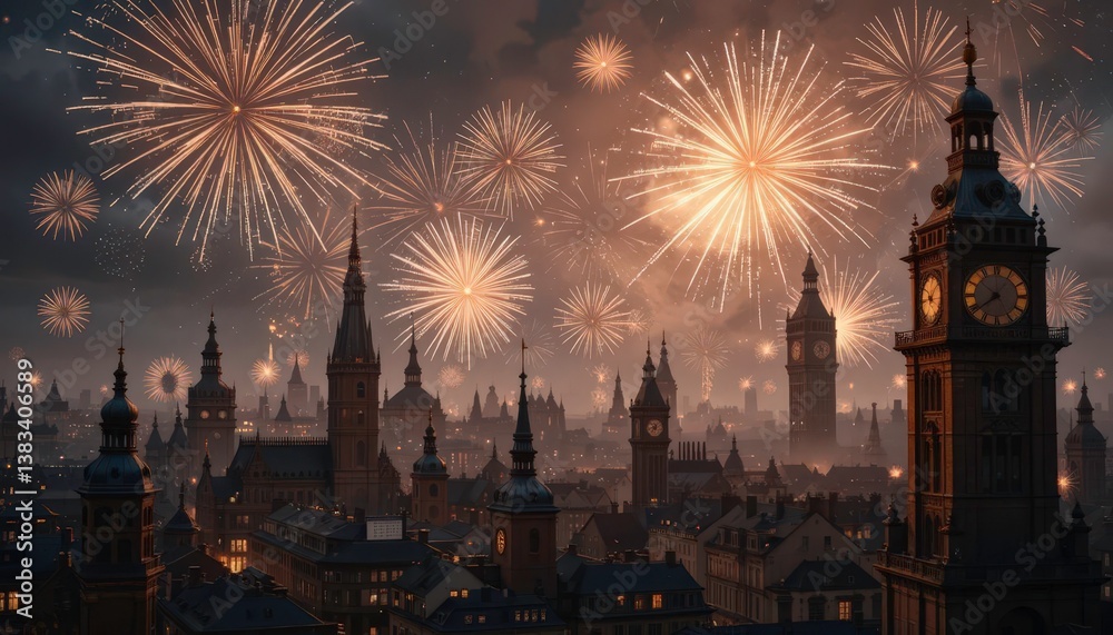 Fototapeta premium Clockwork Bloom Steampunk Inspired Fireworks Display over a Victorian Era Cityscape