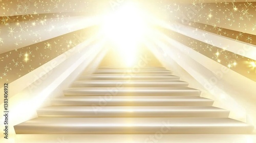 White and gold gradient background with radiant light beams shining through symmetrical stairs and golden ribbon accents. Elegant vector illustration featuring ultra-detailed stage backdrop design, so