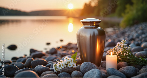 Urn for ashes by the lake, symbolizing loss and grief for those remembering loved ones