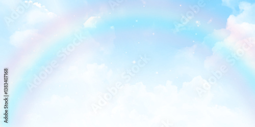 Beautiful Rainbow and Blue sky with clouds. Natural and cloudy fresh blue sky background. White fluffy clouds in the blue sky