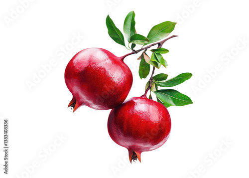 Two pomegranates on a branch with leaves, isolated on white. Fresh, healthy fruit concept.