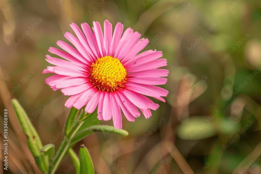 Fototapeta premium A single pink flower with yellow center blooming amidst green foliage in a natural setting during daylight