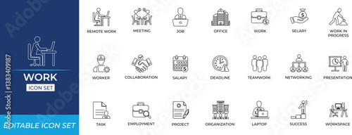Work line icon set for office tasks, teamwork, productivity, career, workflow, business process, remote work, web and app.