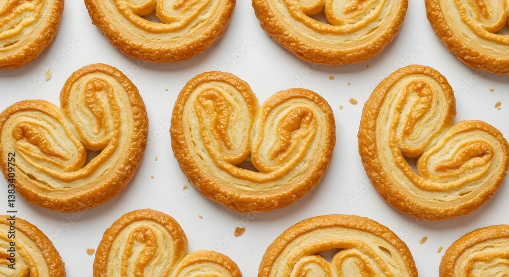Golden Palmier Puff Pastry Cookies Isolated on White Background
