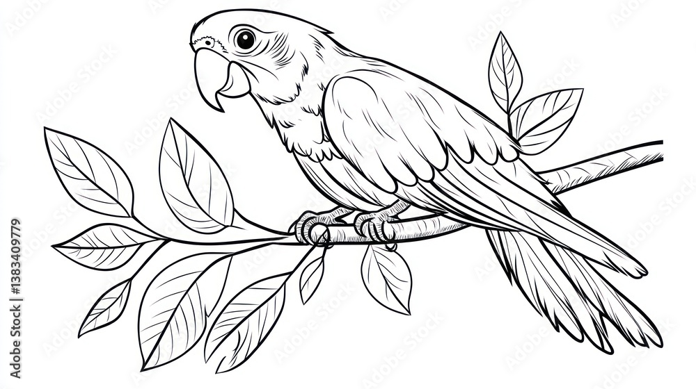 Fototapeta premium Parrot on Branch, Line Art, Nature
