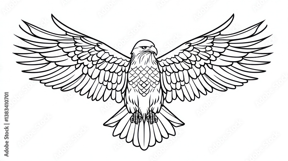 Obraz premium Majestic eagle in flight, outlined design, graphic art, for print or web