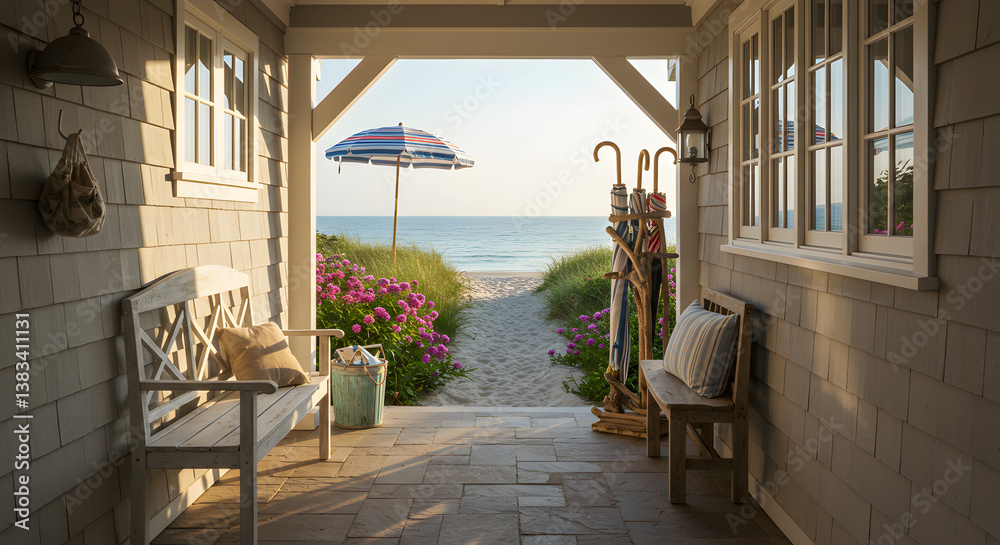 Fototapeta premium Peaceful Coastal Cottage Breezeway with Bench and Ocean View at Dawn
