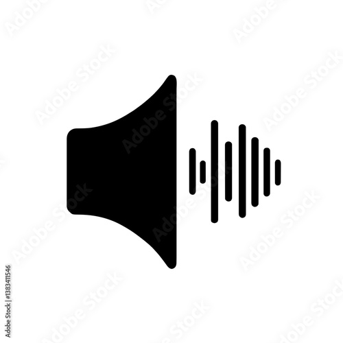 Minimalist black silhouette of a speaker with sound waves representing audio
