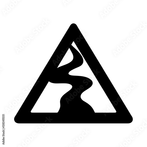 Minimalist black silhouette of a triangular slippery road sign indicating hazardous conditions