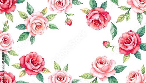 Delicate watercolor roses & leaves, repeating pattern, floral seamless pattern, texture, soft