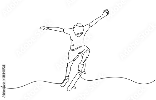 One single line drawing of young skateboarder man exercise riding skateboard, Man playing skateboard continuous one line drawing. Skateboard player single line art illustration. 