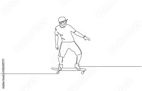 One single line drawing of young skateboarder man exercise riding skateboard, Man playing skateboard continuous one line drawing. Skateboard player single line art illustration. 