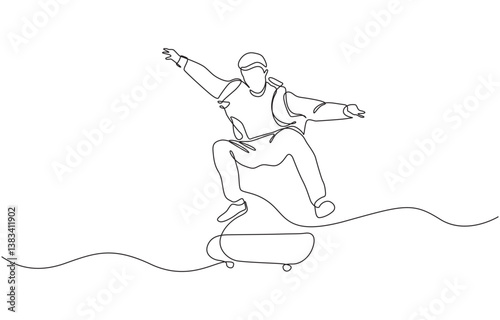 One single line drawing of young skateboarder man exercise riding skateboard, Man playing skateboard continuous one line drawing. Skateboard player single line art illustration. 