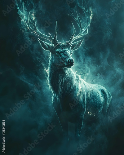 A magnificent deer with ethereal energy in a dark environment