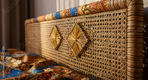 Elegant Rattan Headboard Adorned With Batik Fabric And String Art Decoration photo