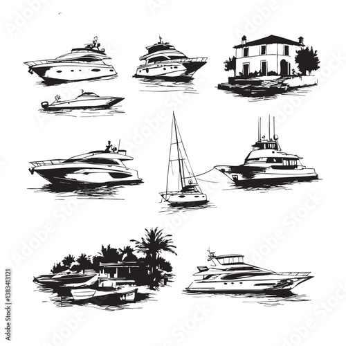 Hand drawn marine boats, yacht in vintage style