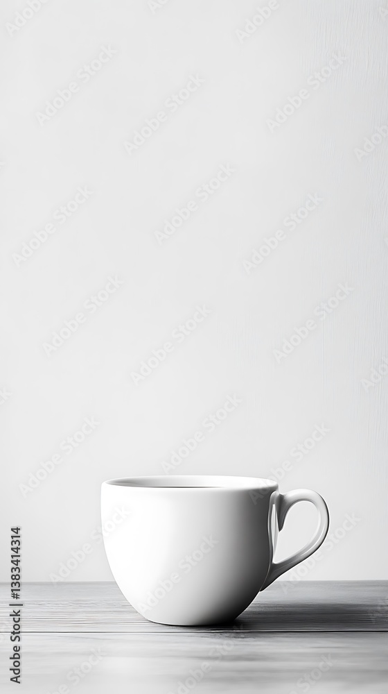 Clean White Coffee Cup on Wooden Table with White Background Minimalist Design Clean White Coffee Cup on Wooden Table with White Background Minimalist Design
