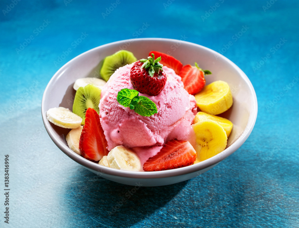 A vibrant scoop of ice cream, mixed with fresh strawberries, bananas, and other fruit slices. The colorful, refreshing dessert is topped with extra fruit for a healthy, eye-catching treat. A vibrant scoop of ice cream, mixed with fresh strawberries, bananas, and other fruit slices. The colorful, refreshing dessert is topped with extra fruit for a healthy, eye-catching treat.