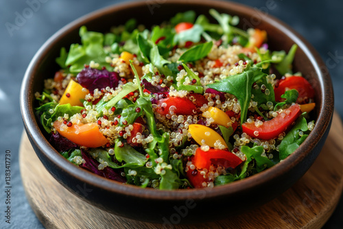 Bowl of colorful fruits and veggies, vibrant and fresh, on a wooden table with natural light streaming in from a window, creating a cozy, inviting scene.