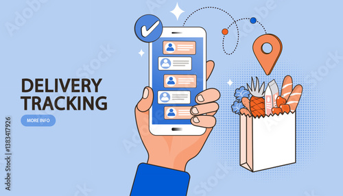 Grocery delivery tracking concept. A hand holds a smartphone to track an online order from a supermarket, with a map pin and a bag of fresh food representing the e-commerce fulfillment process.