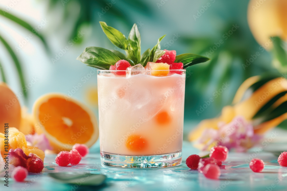 custom made wallpaper toronto digitalCocktail with orange and raspberries on the rim, garnished with mint leaves, against a blurred background.