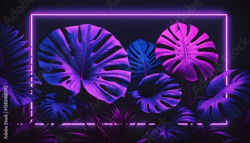 neon-lit arrangement of largemonstera leaves, in shades of purple and pink. A glowing rectangular frame surrounds the leaves background that makes the neon colors stand out