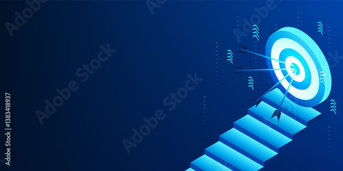 Businessman who sets goals, the stairs leading up have goals with arrows planted on them, showing the organization's management to reach profit targets and expand and develop organization worldwide