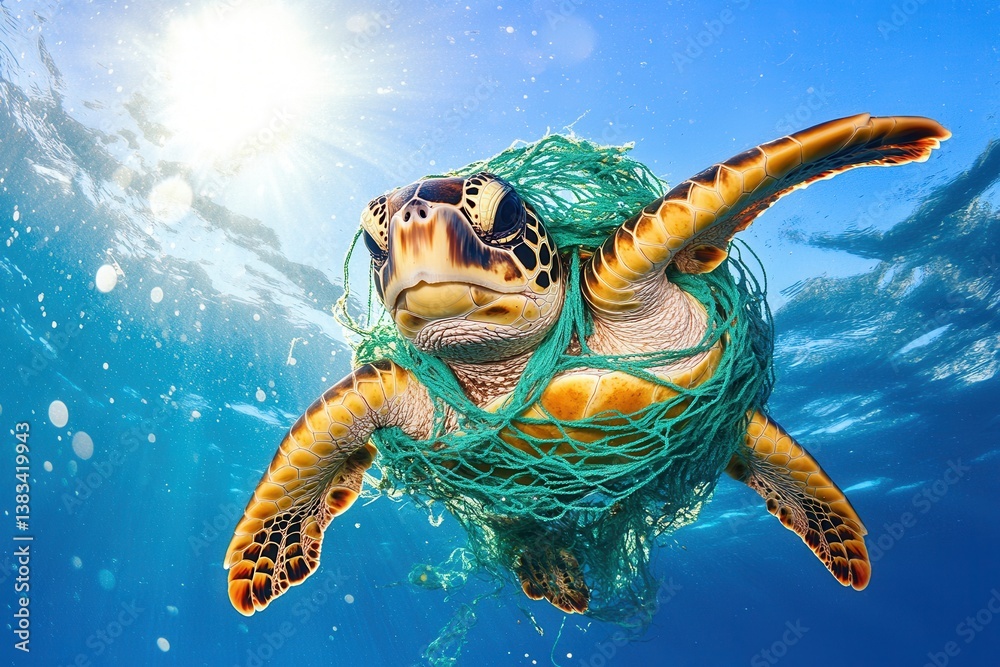 Obraz premium Sea turtle entangled in green ocean net struggling underwater in sunlight