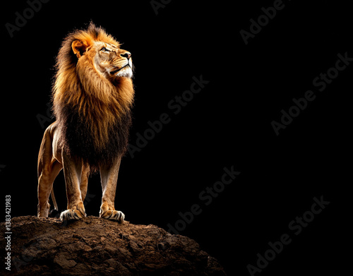 Majestic lion standing on rock, gazing into distance against black background, showcasing its powerful presence and magnificent mane