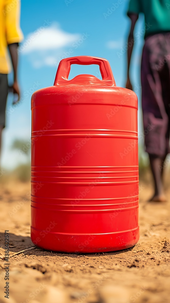 A red container stands prominently on dry ground, with blurred figures in the background, suggesting a scene of utility in an outdoor environment. A red container stands prominently on dry ground, with blurred figures in the background, suggesting a scene of utility in an outdoor environment.