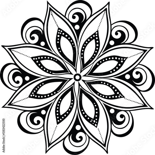 Intricate black and white mandala with symmetrical floral patterns, ornate swirls, geometric petals, and dotted details. A Zentangle-inspired, meditative artwork with delicate linework and balance