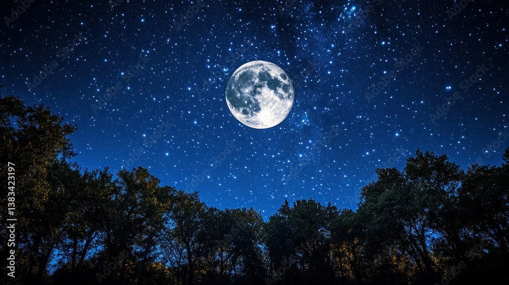 Full moon over a forest at night
