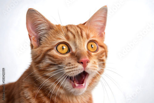 A ginger tabby cat's surprised meow, wide-eyed and open-mouthed against a bright white background.