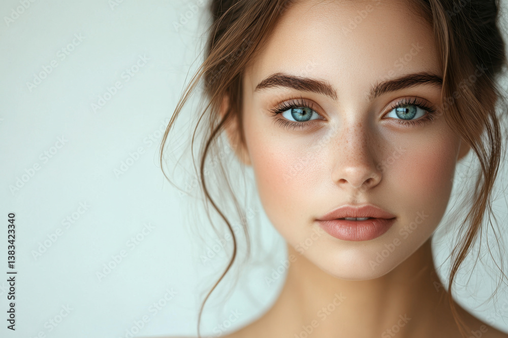 Obraz premium Woman with blue eyes and brown hair holding a bouquet of pink roses, smiling brightly against a sunny background.