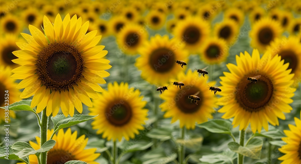 A vibrant field of sunflowers basks in the sunlight as honeybees buzz around, collecting pollen and nectar from the blooming flowers. A vibrant field of sunflowers basks in the sunlight as honeybees buzz around, collecting pollen and nectar from the blooming flowers.