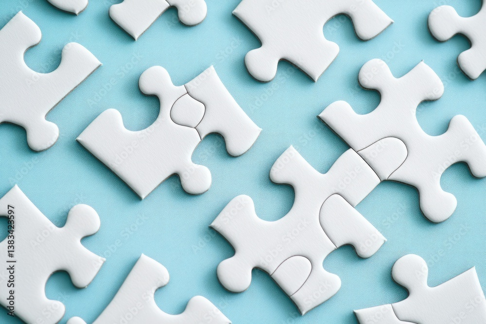 White puzzle pieces scattered on a light blue surface White puzzle pieces scattered on a light blue surface