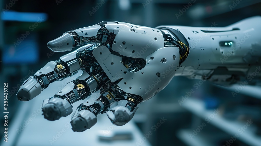 Fototapeta premium Revolutionary robotic prosthetic hand enhancing mobility tech lab product showcase futuristic close-up view innovation
