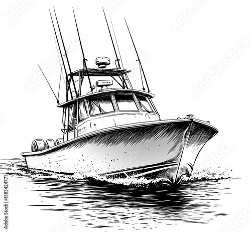 Striking black and white illustration of a sport fishing boat in action on the water.