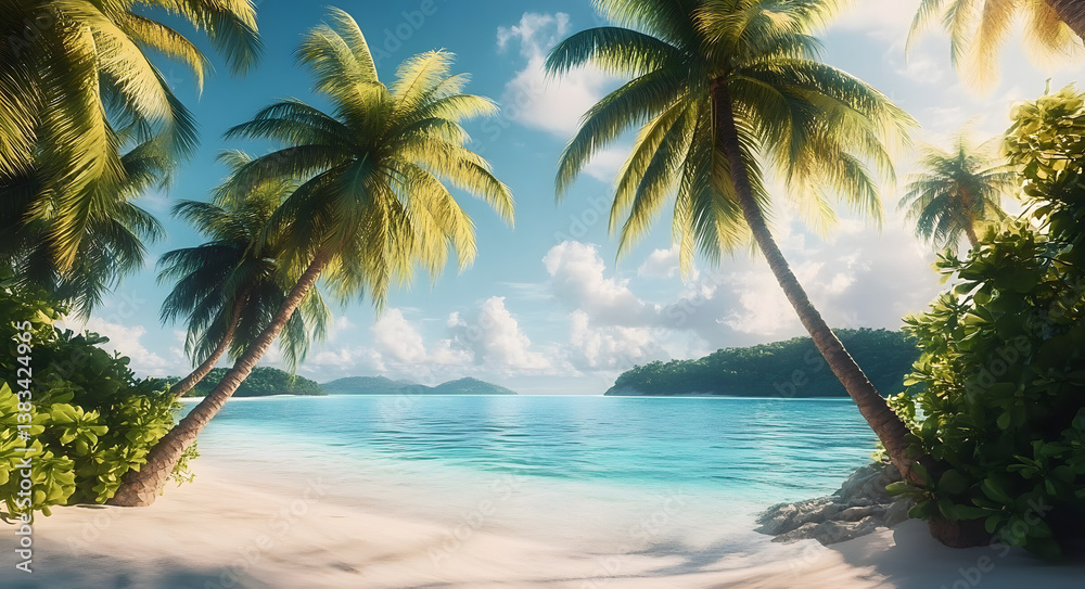 Fototapeta premium Tranquil Tropical Beach Scene with Lush Palm Trees and Clear Blue Waters Ideal for Vacation Promotions and Relaxation Themes