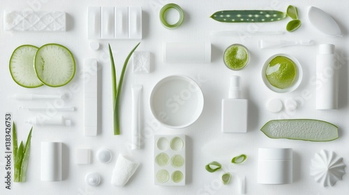 A top-down view of aloe vera-infused skincare products arranged aesthetically on a white background