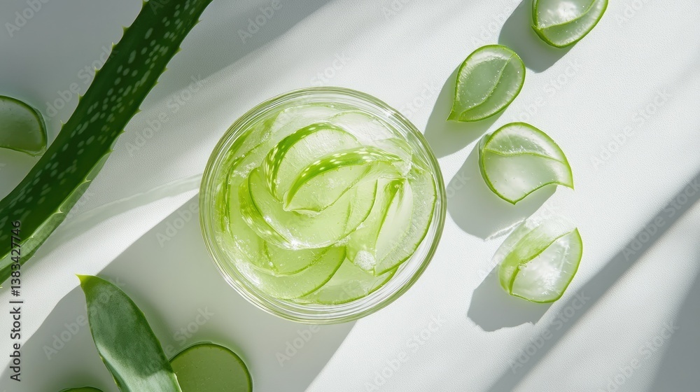 Obraz premium Aloe vera gel in a clear bowl, placed beside sliced aloe leaves, showcasing its organic skincare properties
