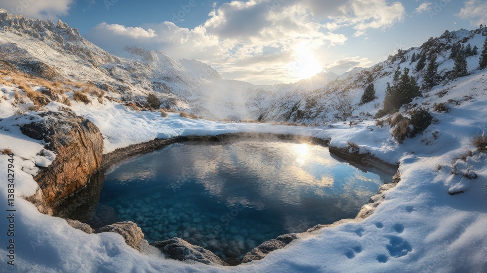 Obraz premium Frozen Alpine Lake Landscape: Serene Winter Scenery with Snow-Covered Mountains and Reflective Water Surface.