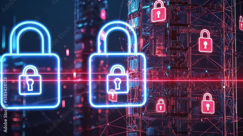 An intricate visual of a cellular tower highlighted with digital overlays of padlocks and shield icons indicating secured data flows. The scene is enhanced by a luminous grid pattern