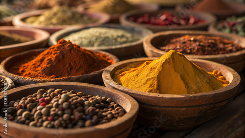 A vibrant array of exotic spices in rustic earthen bowls, showcasing the rich colors and textures of a bustling market, bathed in warm sunlight.