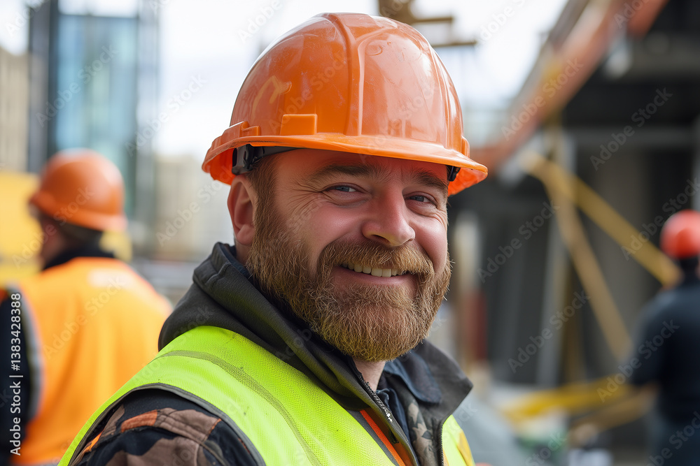 Smiling Construction Worker in Safety Gear at Active Job Site Building with Confidence Smiling Construction Worker in Safety Gear at Active Job Site Building with Confidence