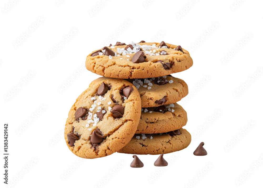 Stack of chocolate chip cookies with sea salt on a transparent background. Delicious homemade dessert.
