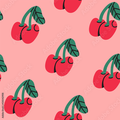 Two Cherries on stem. Double cherry. Sweet red cherries with a green leaf. Hand drawn modern Vector illustration. Square seamless Pattern, background, wallpaper, wrapping paper template